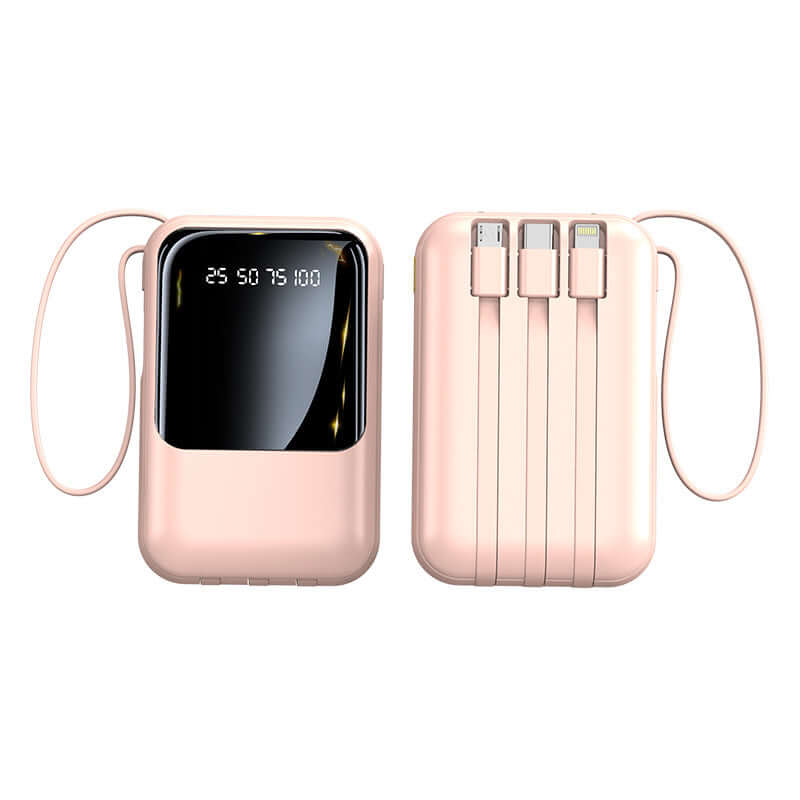 Mini 10000mAh Power Bank with Built-in Cable, Cute Design, features three built-in cables and a digital display.
