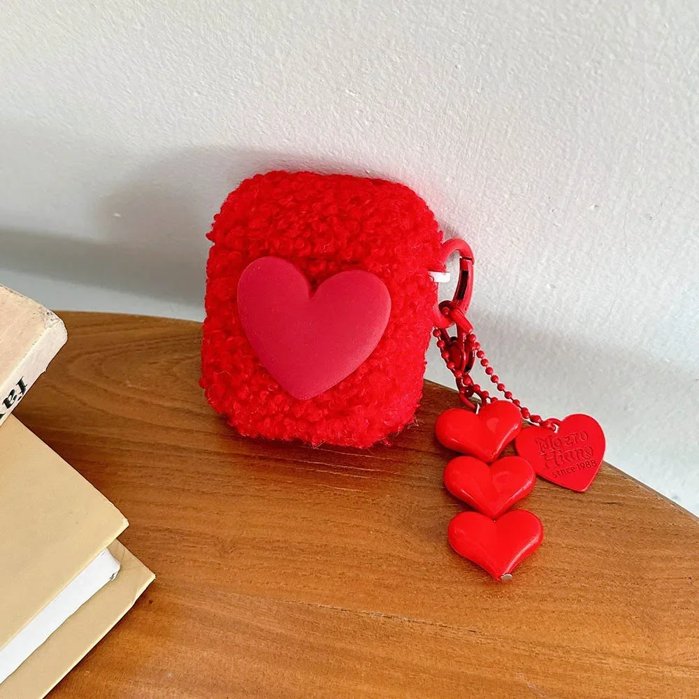 Red Fiber Plush 3D Love Soft TPU Earphone Case for AirPods 1 2 3 4 Pro 2 Silicone Protection Cover Luxury Heart Chain Pendant