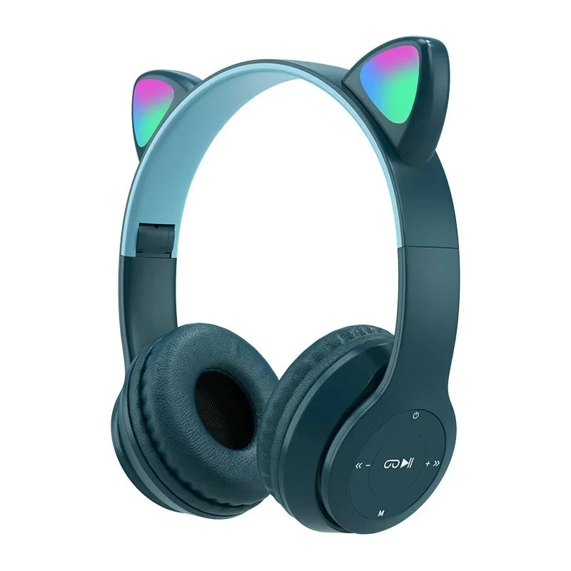 Cute Cat Ear Wireless Headphones with Rgb LED Lights for Kids Stereo Bluetooth Headset for Mobile Music and Computer Gaming