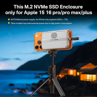 Acasis 10 Gbps Magnetic M.2 NVMe SSD Enclosure – USB-C Dock 4 K Hub displayed with Apple iPhone 15/16 pro