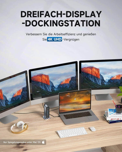 Baseus 17-in-1 docking station with 4K HDMI supports 3 monitors on a desk setup with three displays.