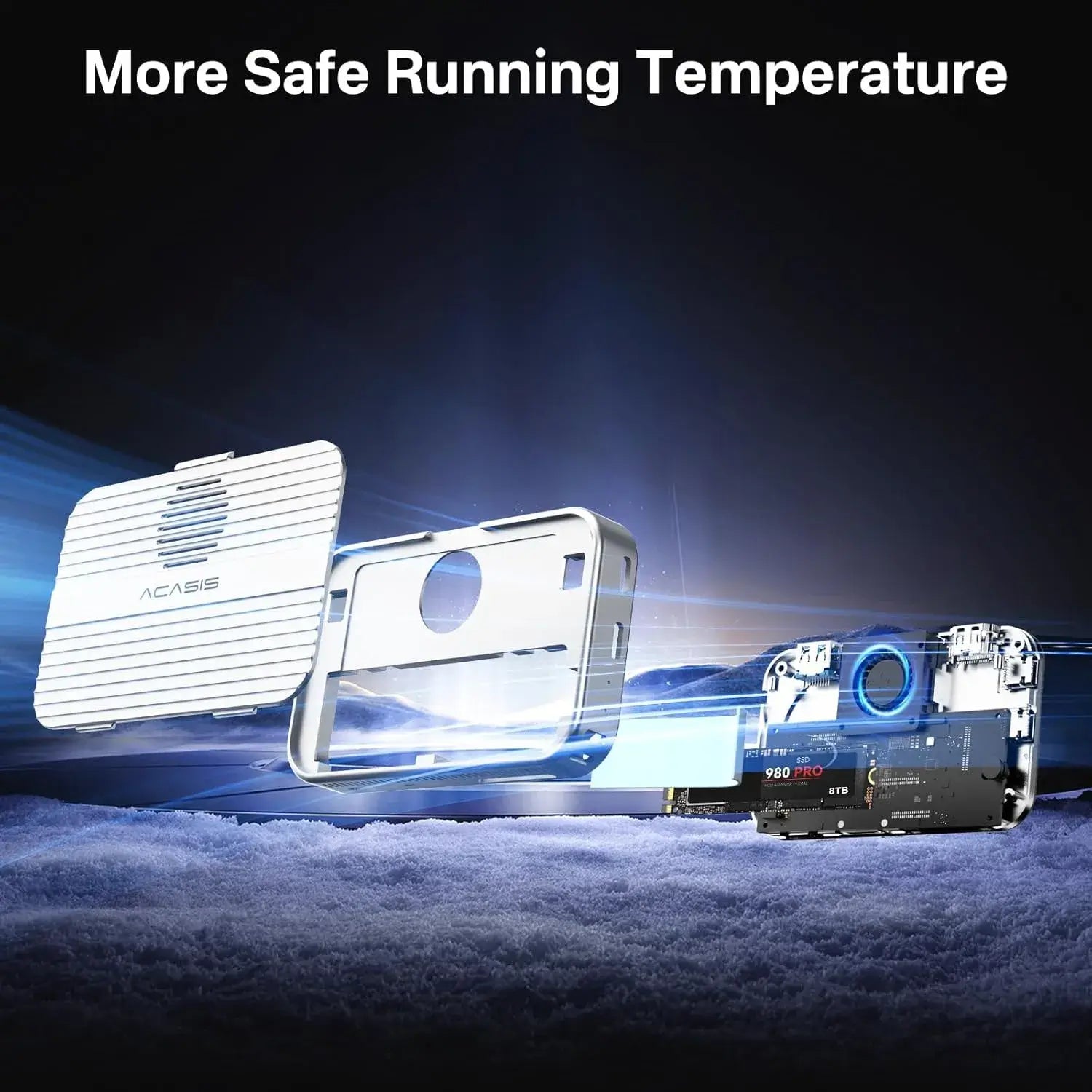 Acasis 10 Gbps Magnetic M.2 NVMe SSD Enclosure showing safe running temperature and aluminum design.
