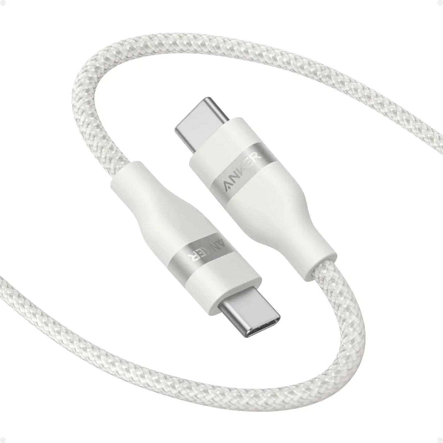Anker USB-C to USB-C Cable Upcycled-Braided 240W Fast Charging showing white braided design and connectors.