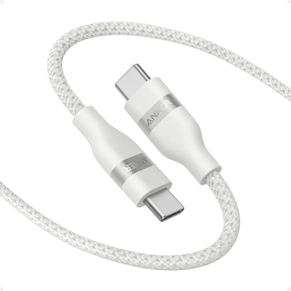 Anker USB-C to USB-C Cable Upcycled-Braided 240W Fast Charging showing white braided design and connectors.
