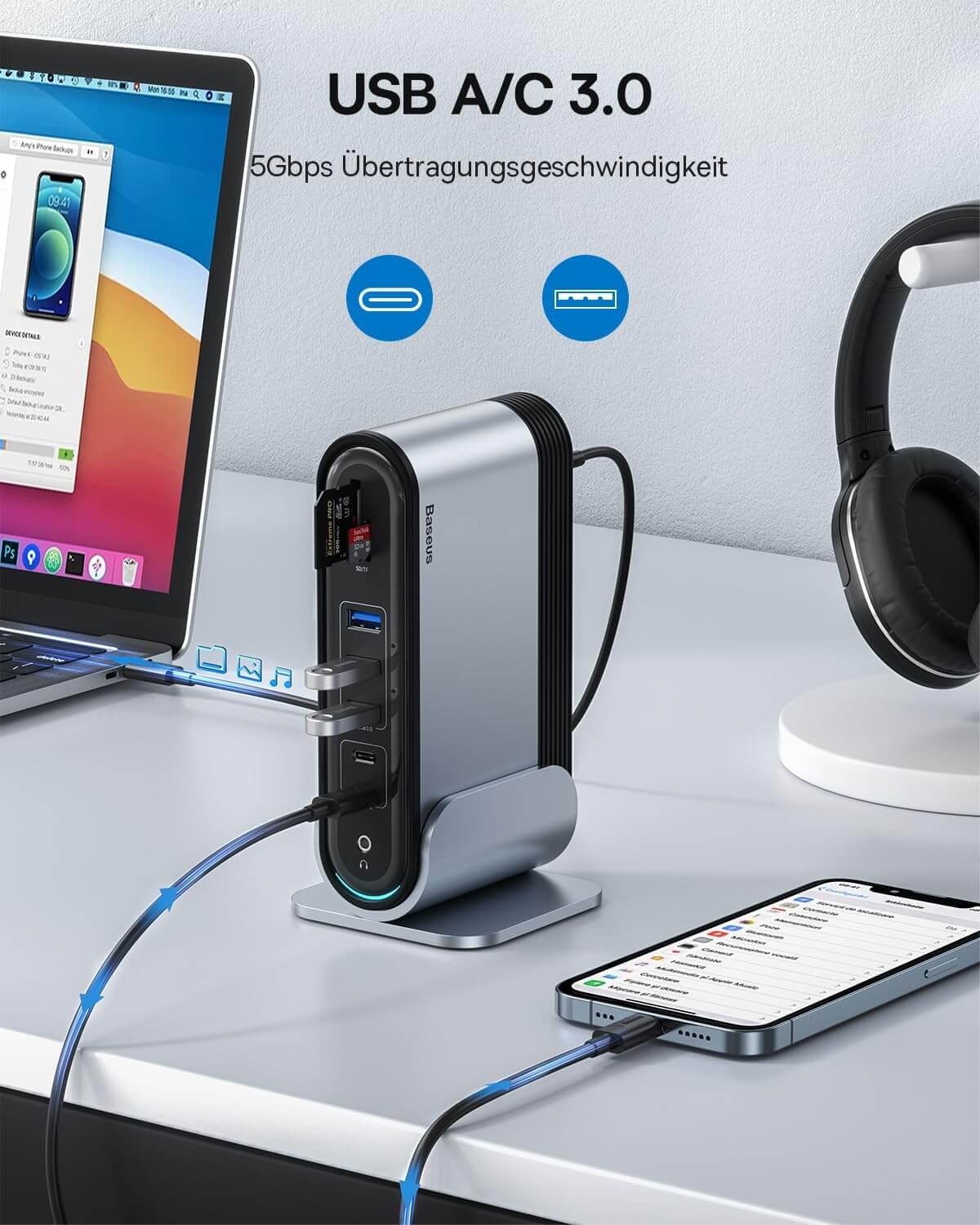Baseus 17-in-1 docking station with 4K HDMI supports 3 monitors connected to a laptop and smartphone.