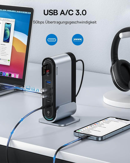Baseus 17-in-1 docking station with 4K HDMI supports 3 monitors connected to a laptop and smartphone.