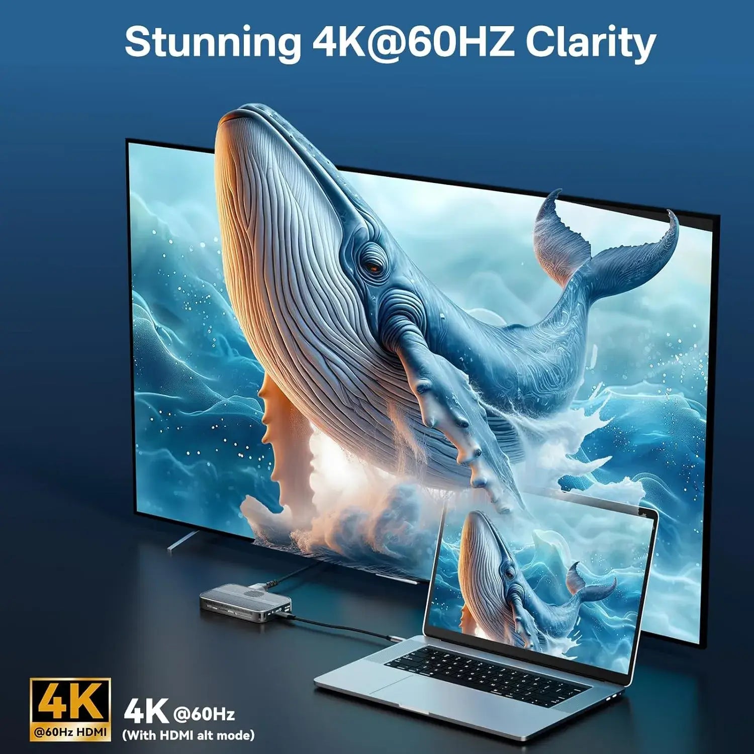 Acasis 10 Gbps Magnetic M.2 NVMe SSD Enclosure – USB-C Dock 4 K Hub connected to a 4K display.