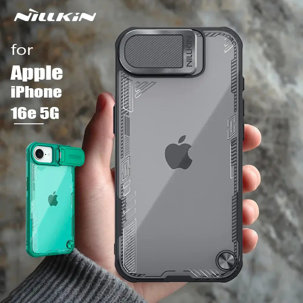 Coque NILLKIN pour iPhone 16e, modèle iceblade Prop Lens, ultra-fine, transparente, avec support de caméra et protection arrière.
