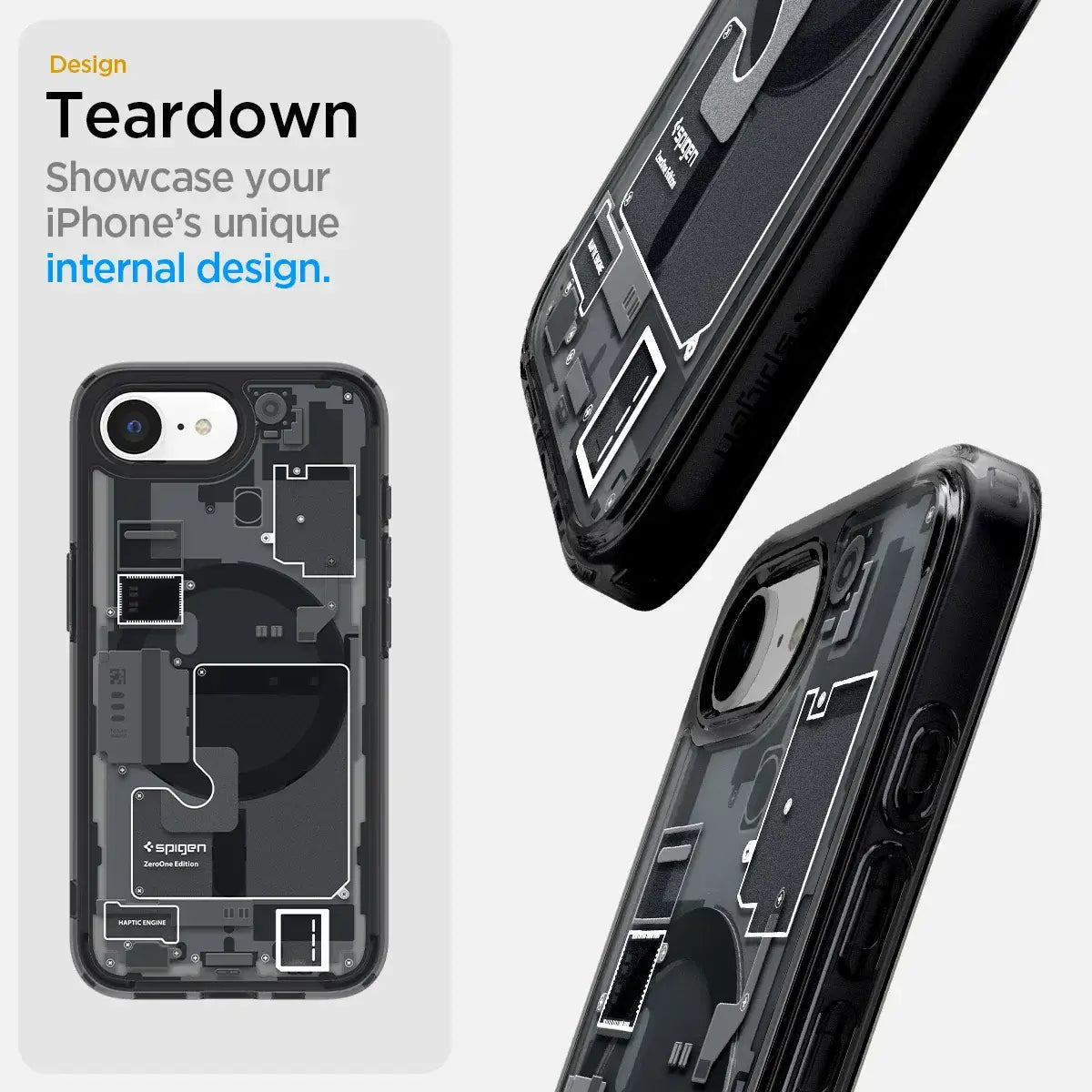 Spigen Ultra Hybrid MagFit Zero One MagSafe Case for iPhone 16e (2025) – Futuristic Transparent Tech Design showcased in teardown view.