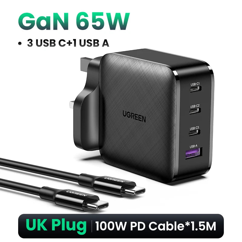 UGREEN 65W GaN Charger Quick Charge 4.0 3.0 Type C PD USB Charger with QC 4.0 3.0 Fast Charger for iPhone 16 15 14 Xiaomi Laptop