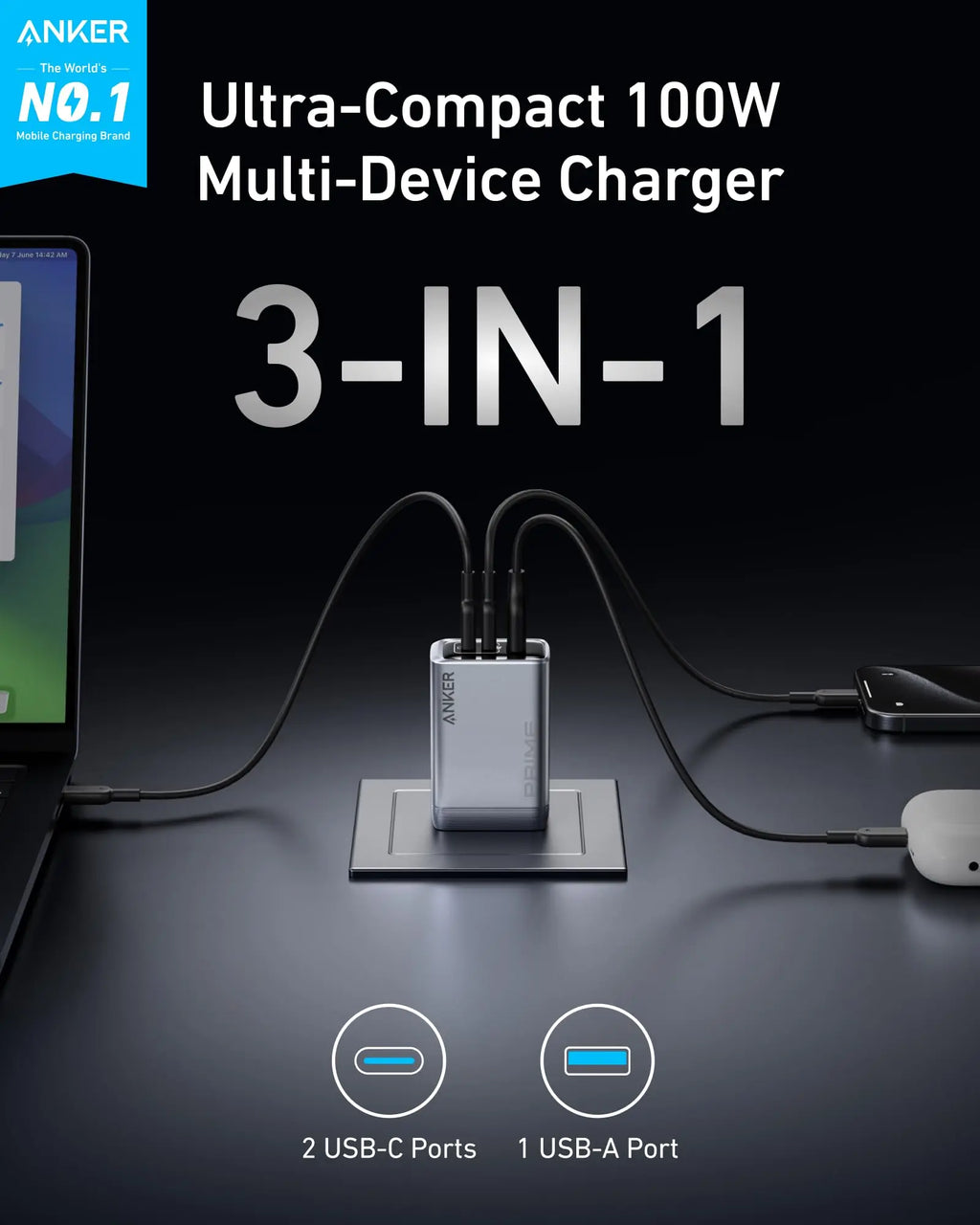 Anker Prime Charger, 100W USB C Charger, 3-Port GaN Foldable and Compact Wall Charger for MacBook, iPad, iPhone Series