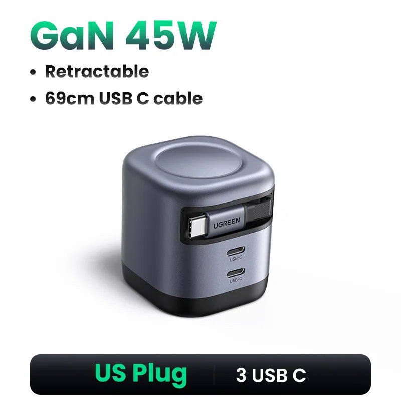 UGREEN 45W GaN Retractable Cable Charger UFCS PPS QC PD 3.0 For iPhone 17 16Pro Samsung S25 iPad Macbook Air Tablet Fast Charger