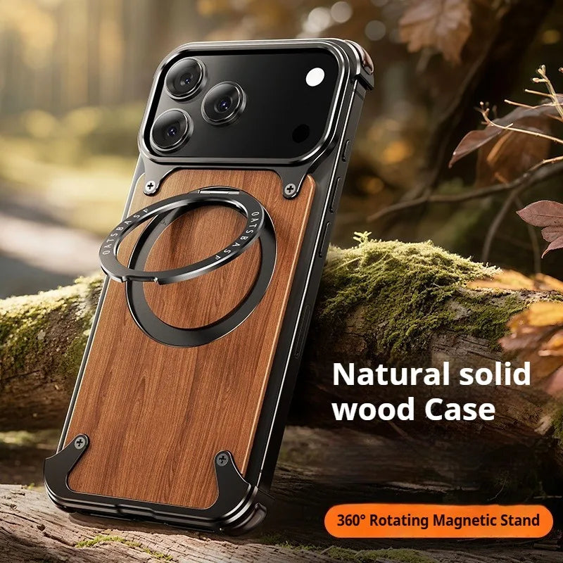 Eary Natural Wood for iPhone 17 Pro Max 17 Air Case Frameless with MagSafe 360°Rotation Phone Stand Shockproof Protective Cover