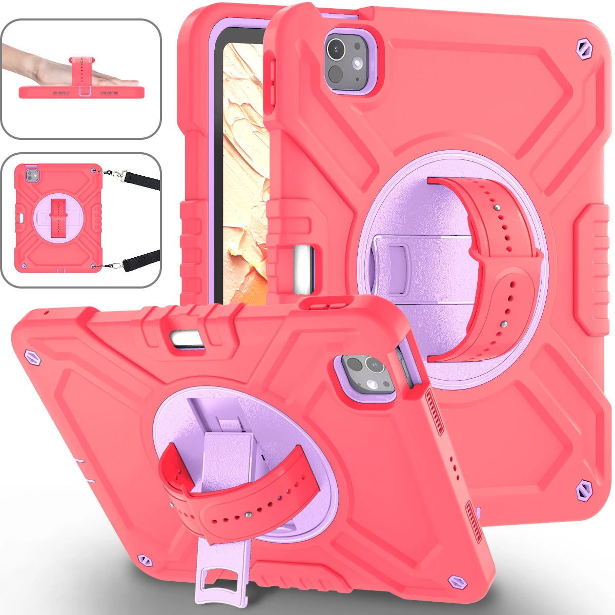 Shockproof Case for iPad pro 11 inch (2024) with 360° Rotating Hand Strap, Portable Shoulder Strap and Pencil Slot