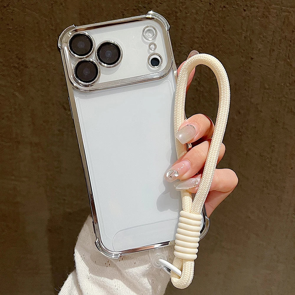 Luxury Plating Clear With Candy Lanyard Shockproof Bumper Phone Case For iPhone 17 Pro Max 17 Pro 17 Air Hand Wrist Strap Cover