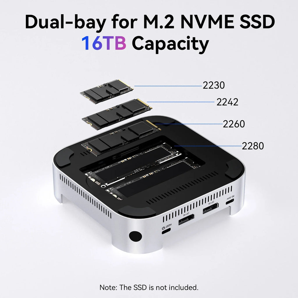 Acasis USB C Docking Station with Dual-bay M.2 SSD NVMe Enclosure NVME M.2 SSD Case PD 30W HDMI 4K/144HZ M4 for Mac Mini M4 Pro
