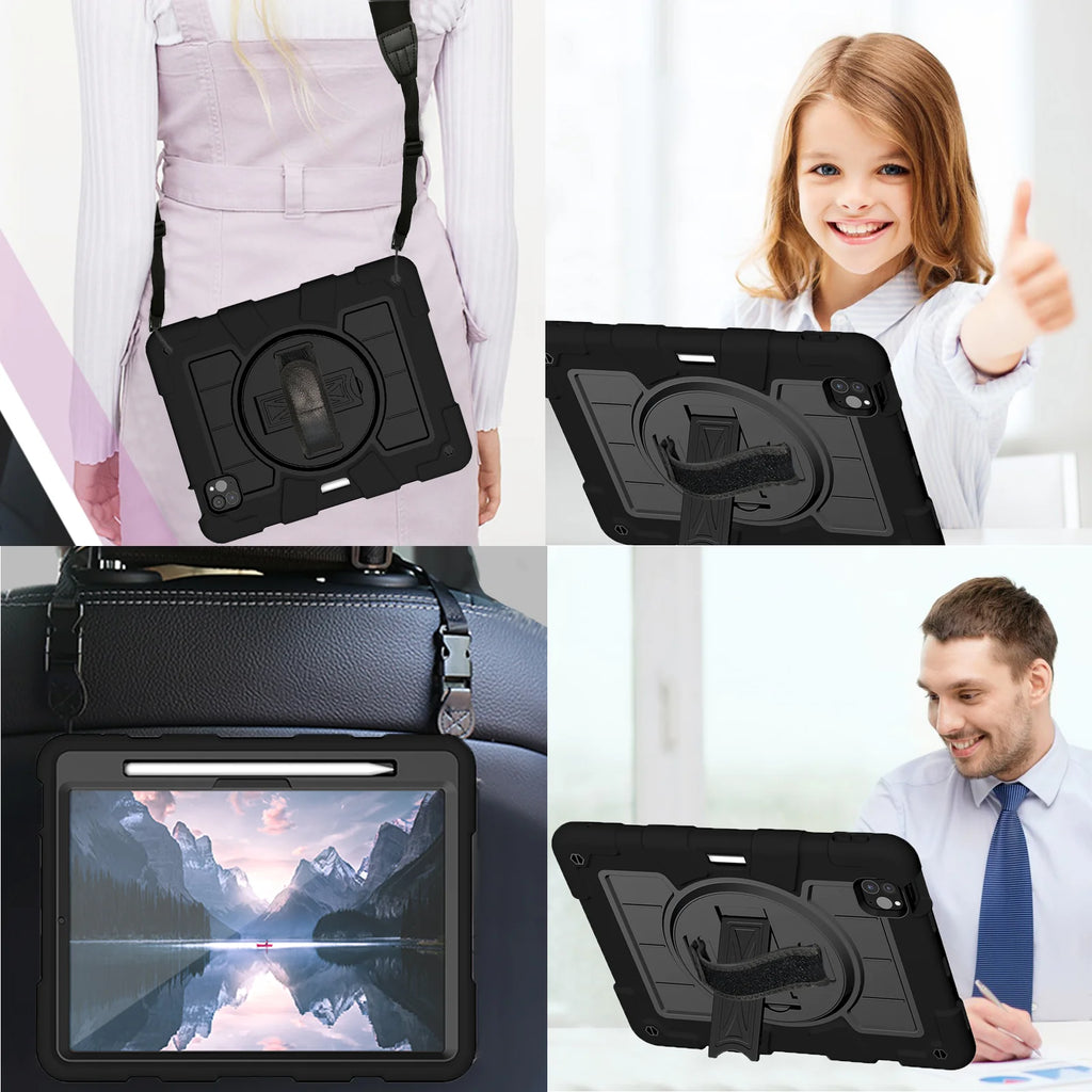 Heavy Duty Case For iPad Pro 11 M4 2024 Model A2836 A2837 A3006 360 Rotation Armor Stand Cover With Shoulder Strap Shockproof
