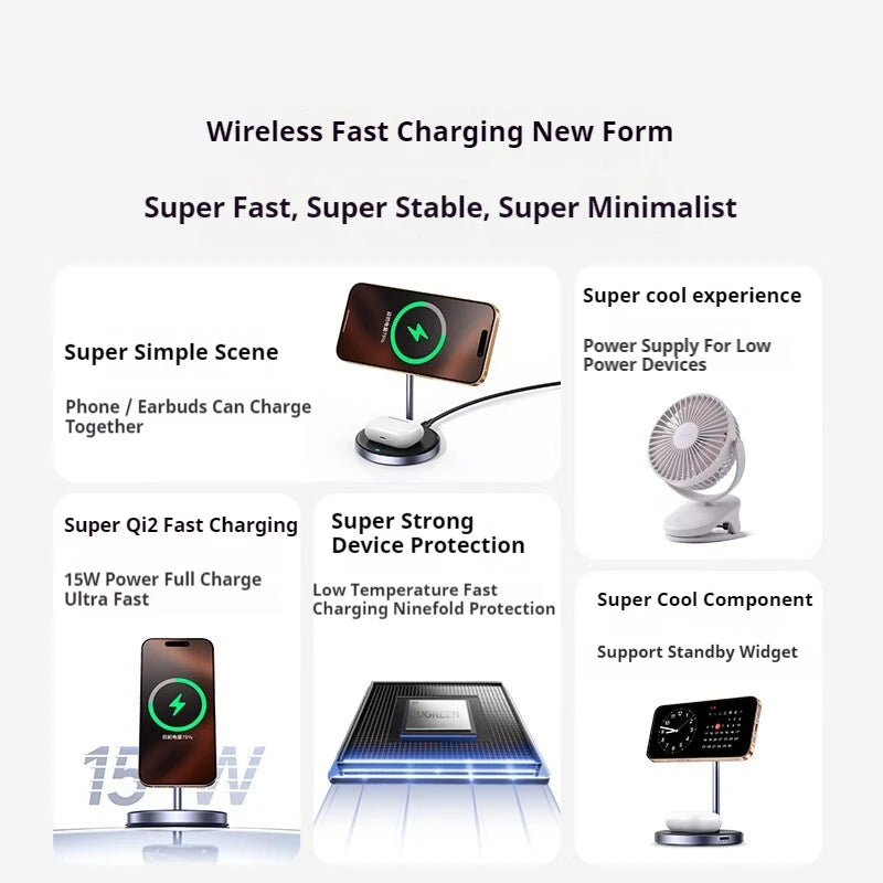 15W UGREEN Magnetic Wireless Charger 2-in-1 Foldable Wireless Charger Stand Magsafe Fast Charging For iPhone 16 Pro Max/AirPods