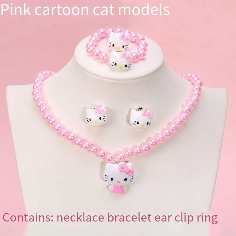4pcs/set Cartoon Kawaii Necklace Hairclips Ring Set Toy Kids Hairpins Girl Heart Accessories Birthday Gifts