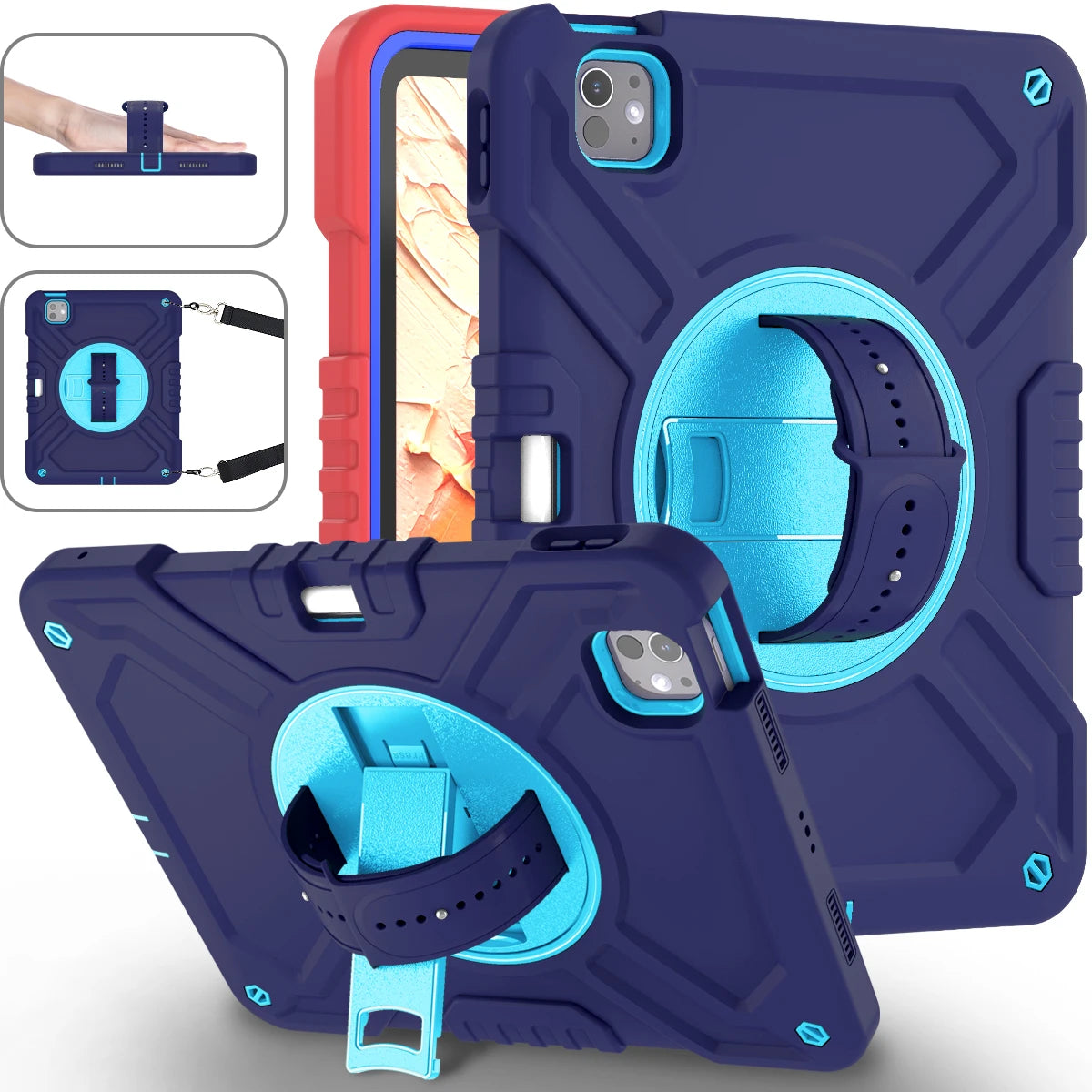 Shockproof Case for iPad pro 11 inch (2024) with 360° Rotating Hand Strap, Portable Shoulder Strap and Pencil Slot