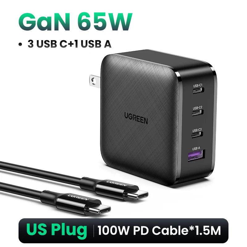 UGREEN 65W GaN Charger Quick Charge 4.0 3.0 Type C PD USB Charger with QC 4.0 3.0 Fast Charger for iPhone 16 15 14 Xiaomi Laptop