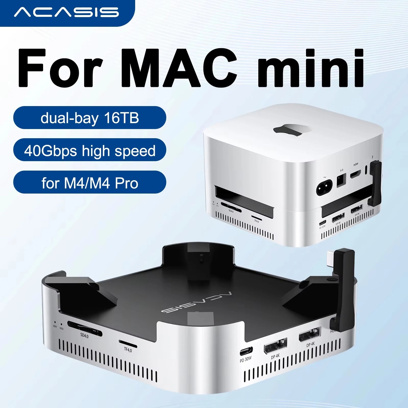 Acasis USB C Docking Station with Dual-bay M.2 SSD NVMe Enclosure NVME M.2 SSD Case PD 30W HDMI 4K/144HZ M4 for Mac Mini M4 Pro