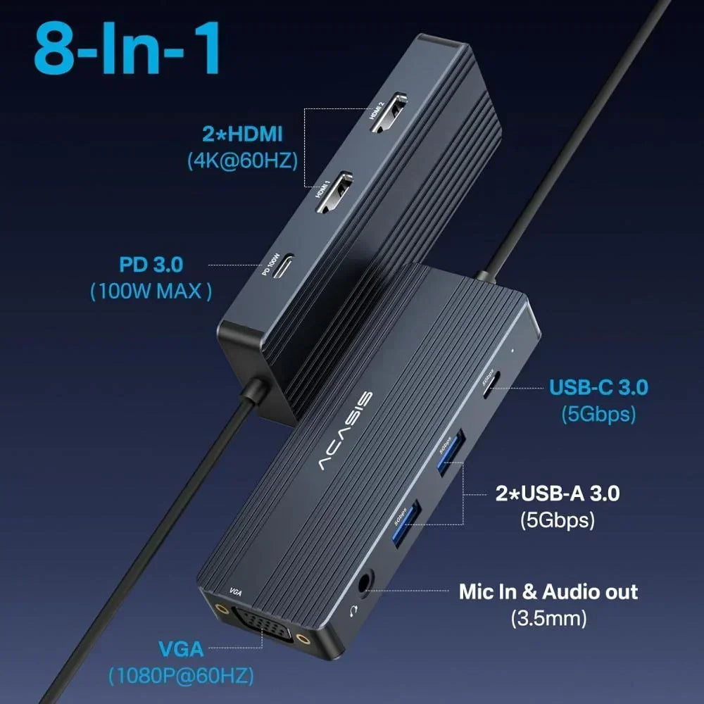 Acasis 8 in 1 USB-C Hub Docking Station 8 Ports Type-C HUB USB 3.0 HDMI 4K 60Hz PD 100W for Laptop hub High-Speed Data Transfer