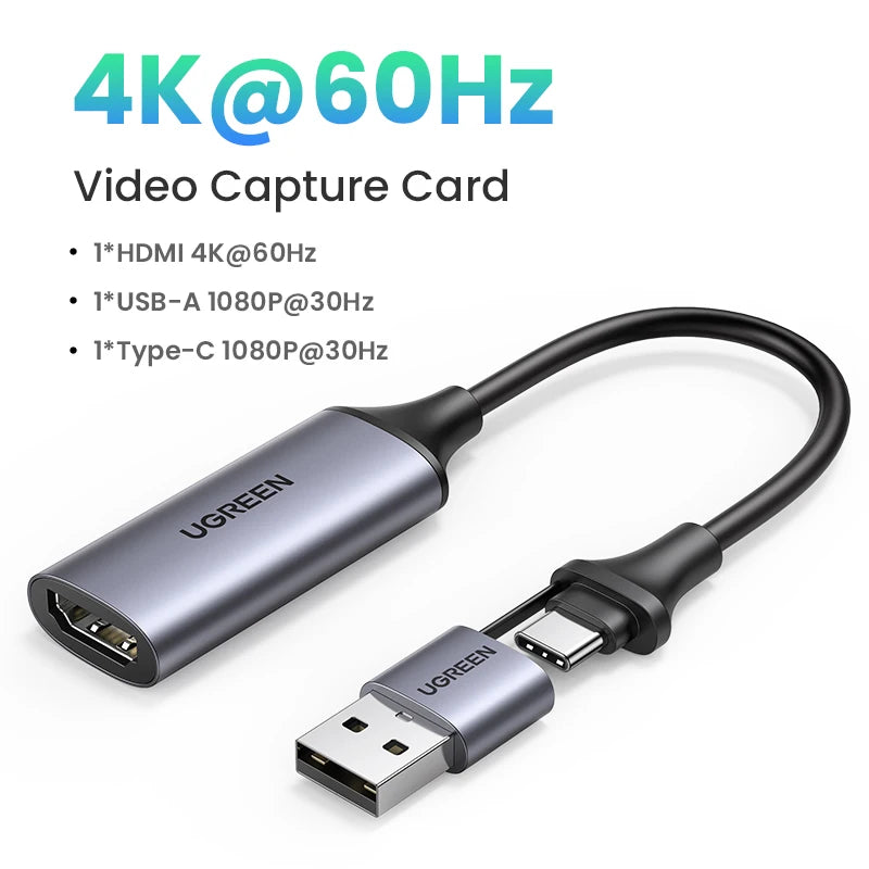 UGREEN Video Capture Card 4K HDMI to USB/USB-C HDMI Video Grabber Box for PC Computer Camera Live Stream Record Meeting