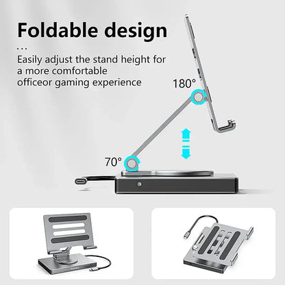 9-in-1 for IPad Pro USB C Hub Stand for M4/M2/Air 13/12.9/11", 4K HDMI, Ethernet, SD/TF Reader, 3xUSB 3.0, Foldable Dock