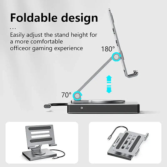 9-in-1 for IPad Pro USB C Hub Stand for M4/M2/Air 13/12.9/11", 4K HDMI, Ethernet, SD/TF Reader, 3xUSB 3.0, Foldable Dock