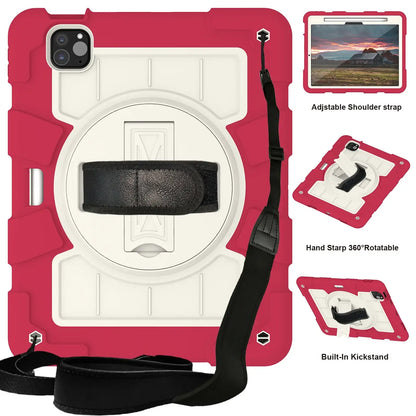Heavy Duty Case For iPad Pro 11 M4 2024 Model A2836 A2837 A3006 360 Rotation Armor Stand Cover With Shoulder Strap Shockproof