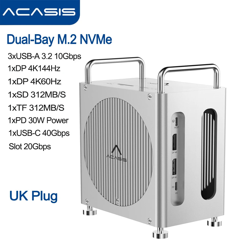 Acasis Mac Mini M4 Docking Station with Dual-bay M.2 SSD NVMe Enclosure USB-C 40Gbps to DP 4K/144HZ SD&TF4.0 for Mac Mini M4 Pro