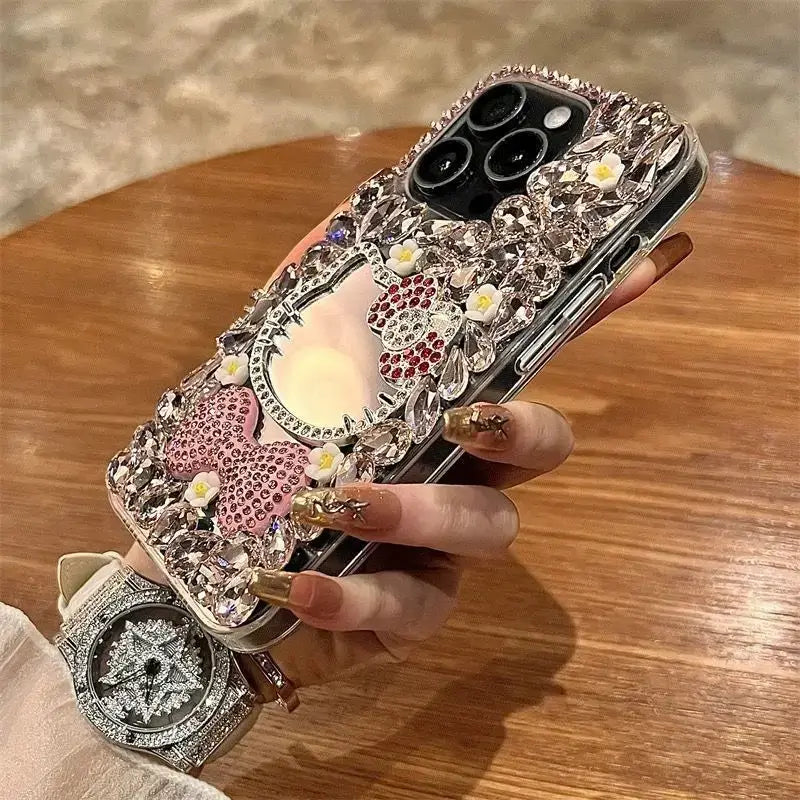 Coque de protection Sanrio Full Diamond Katie pour iPhone, avec miroir Kawaii Bling-bling et nœud mignon, pour 16 15 Pro Max 14 13 12