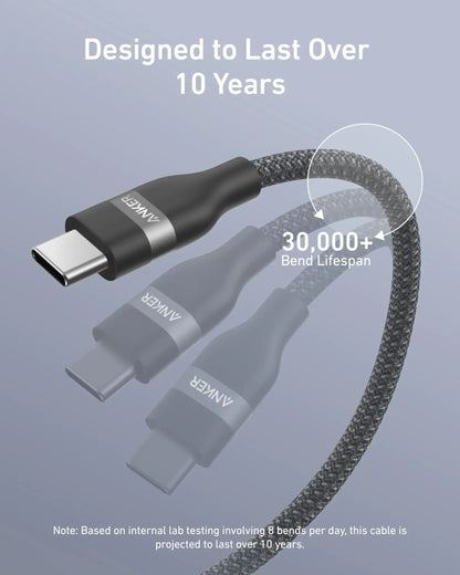 Anker USB-C to USB-C Cable Upcycled-Braided 240W Fast Charging showing durability and 30,000+ bend lifespan.