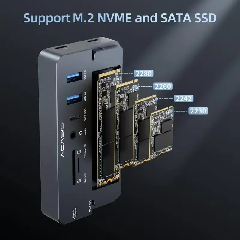 Acasis USB-C 3.2 10Gbps Dock Station & M.2 NVME SSD Enclosure 4K/60HZ RJ45 PD 100W SD/TF Hub