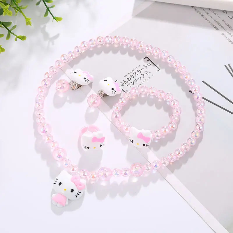 4pcs/set Cartoon Kawaii Necklace Hairclips Ring Set Toy Kids Hairpins Girl Heart Accessories Birthday Gifts