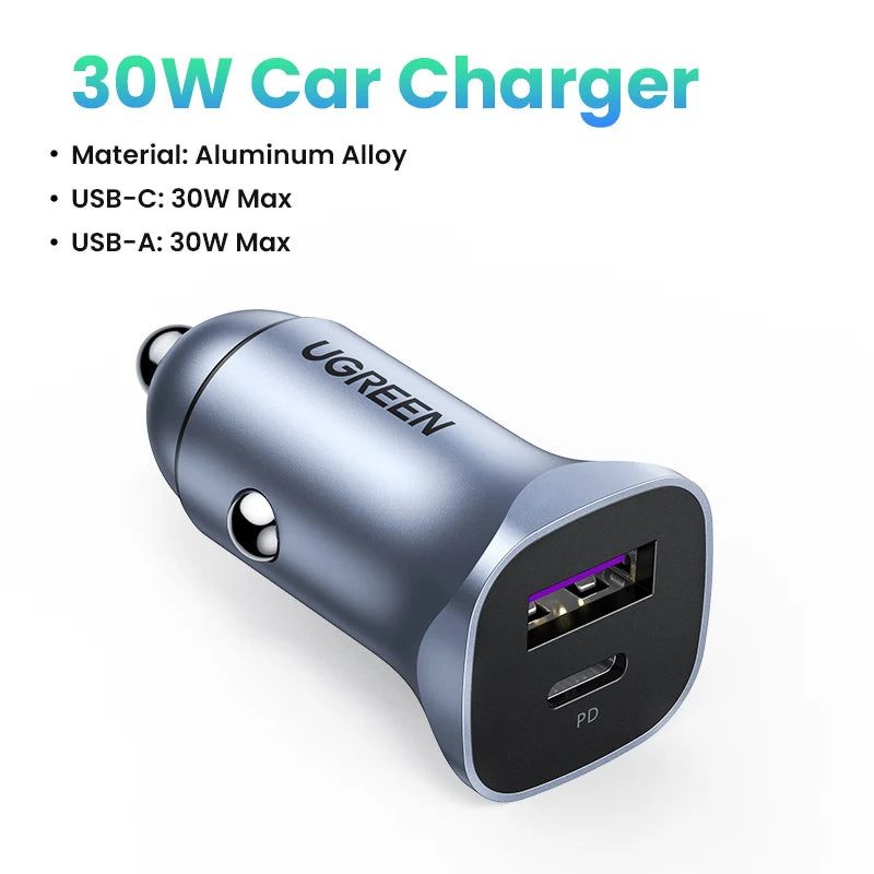 UGREEN 20W Car Charger Dual Port QC 4.0 3.0 Fast Charging For iPhone 17 16 15 Xiaomi Huawei Samsung Supercharge Type C Charger