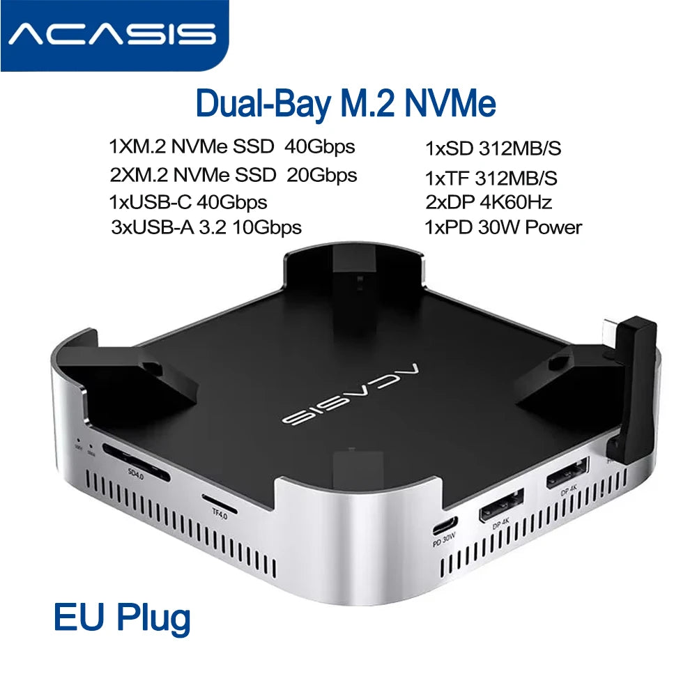 Acasis USB C Docking Station with Dual-bay M.2 SSD NVMe Enclosure NVME M.2 SSD Case PD 30W HDMI 4K/144HZ M4 for Mac Mini M4 Pro