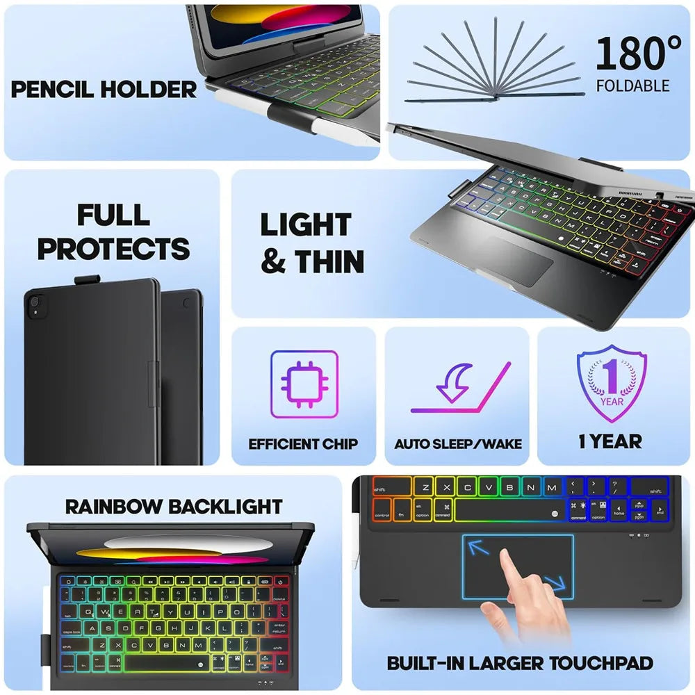 Bluetooth Magic Keyboard Case For iPad Air 11 13 Air 4 5 6 7 Pro 11 12.9 Pro 13 M4 M2 10.2 7th 8th 9th 360° Rotatable Keyboard