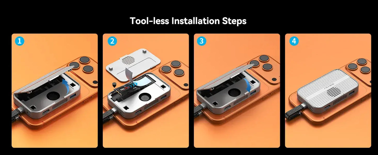 Tool-less installation steps for Acasis 10 Gbps Magnetic M.2 NVMe SSD Enclosure – USB-C Dock 4 K Hub.