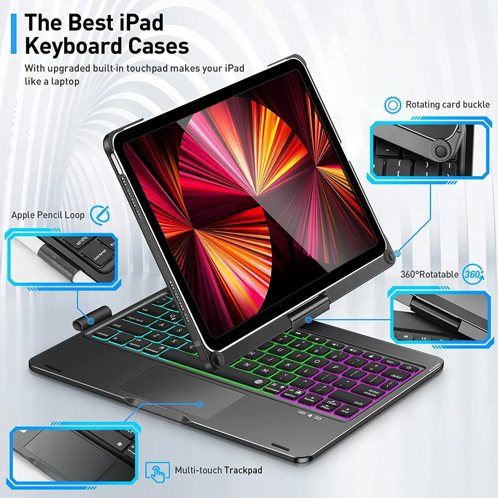 Bluetooth Magic Keyboard Case For iPad Air 11 13 Air 4 5 6 7 Pro 11 12.9 Pro 13 M4 M2 10.2 7th 8th 9th 360° Rotatable Keyboard