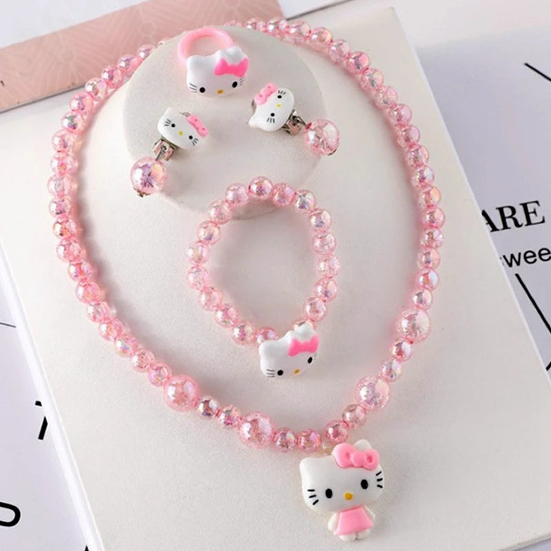 4pcs/set Cartoon Kawaii Necklace Hairclips Ring Set Toy Kids Hairpins Girl Heart Accessories Birthday Gifts