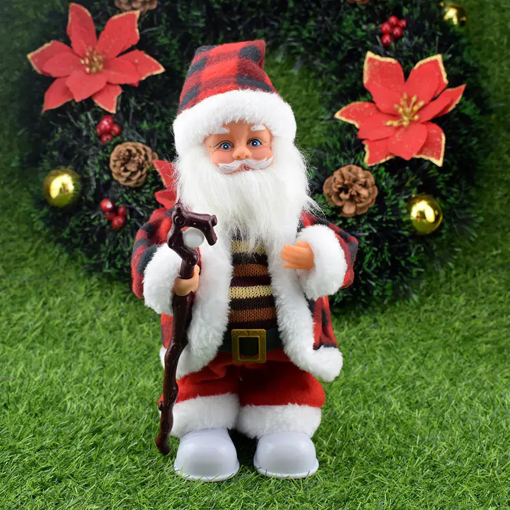 Santa Claus Climbing Toy - Festive Holiday Decor in front of a decorative wreath with flowers and ornaments.