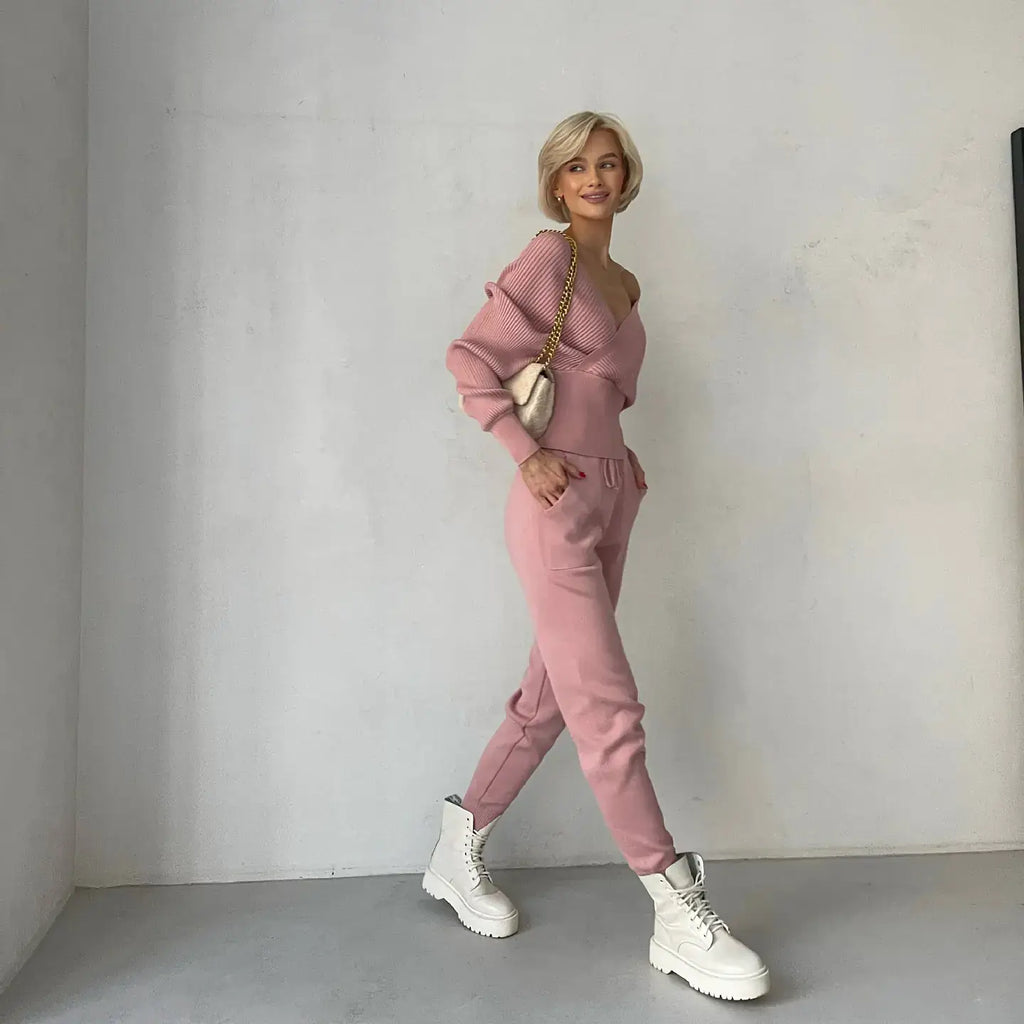 Trendy Batwing Sleeve V-Neck Knit Sweater Set for Women