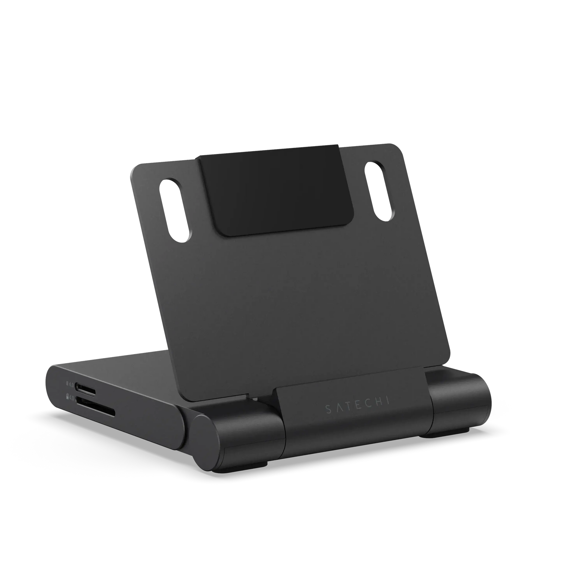 Satechi OntheGo Foldable Stand Hub in black with adjustable angles for travel and connectivity.