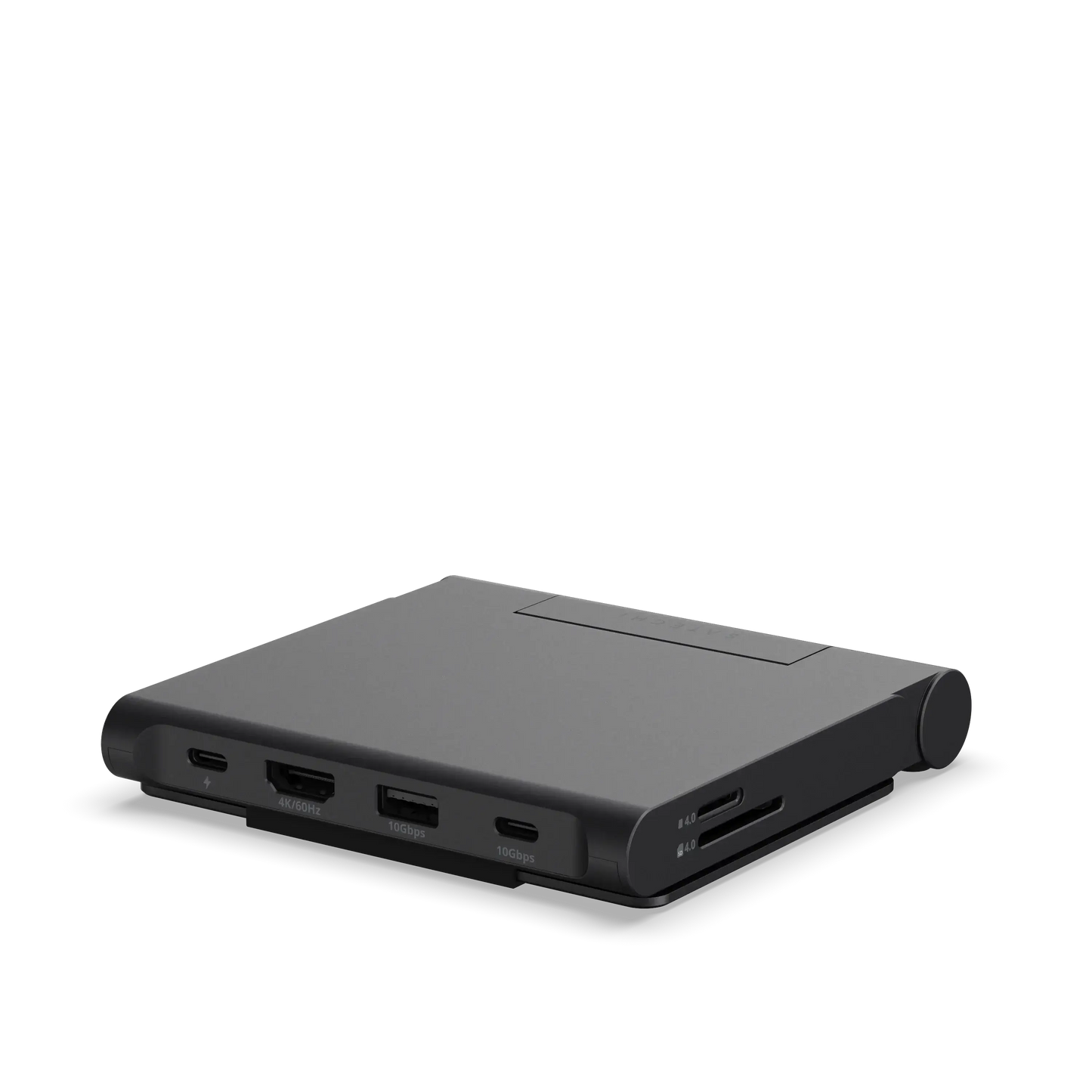 Satechi OntheGo Foldable Stand Hub in gray, showcasing USB-C, HDMI ports, and card slots for travel convenience.