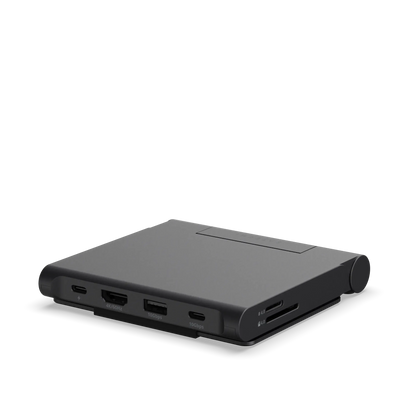 Satechi OntheGo Foldable Stand Hub in gray, showcasing USB-C, HDMI ports, and card slots for travel convenience.