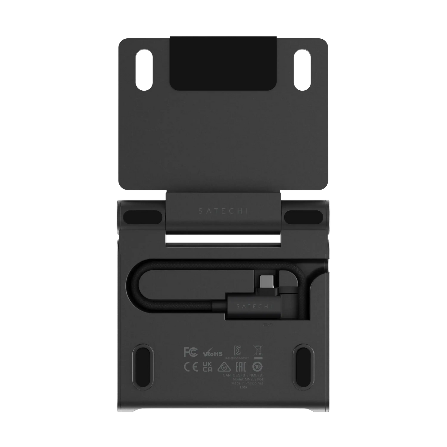 Satechi OntheGo Foldable Stand Hub showcasing its compact design and built-in cable, ideal for travel.