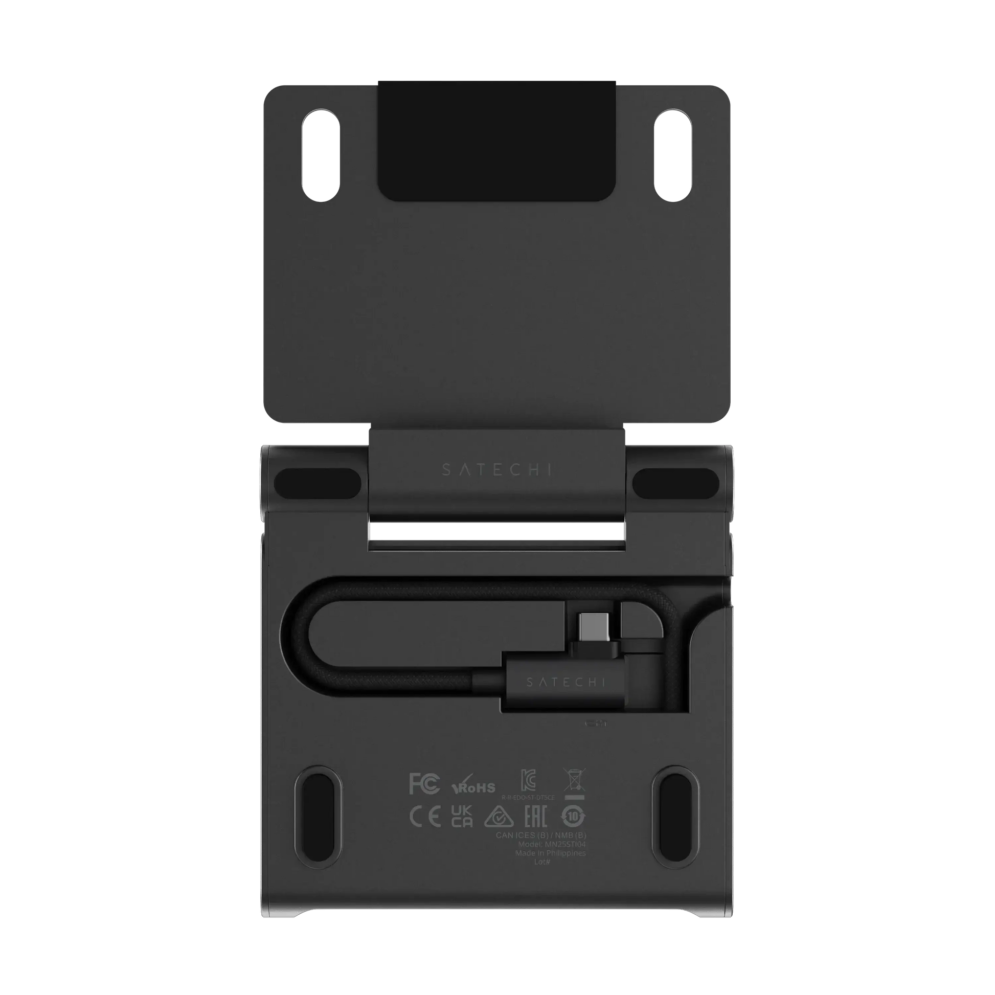 Satechi OntheGo Foldable Stand Hub showcasing its compact design and built-in cable, ideal for travel.