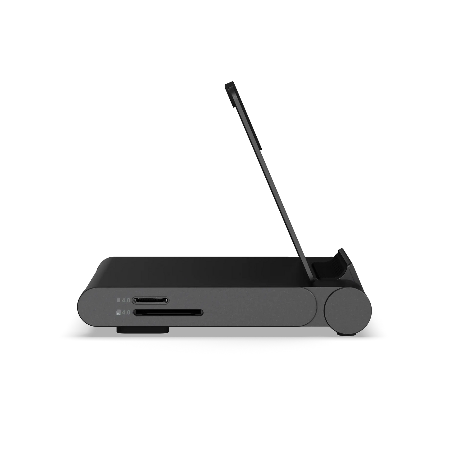 Satechi OntheGo Foldable Stand Hub shown from the side with SD card slots and an upright stand.